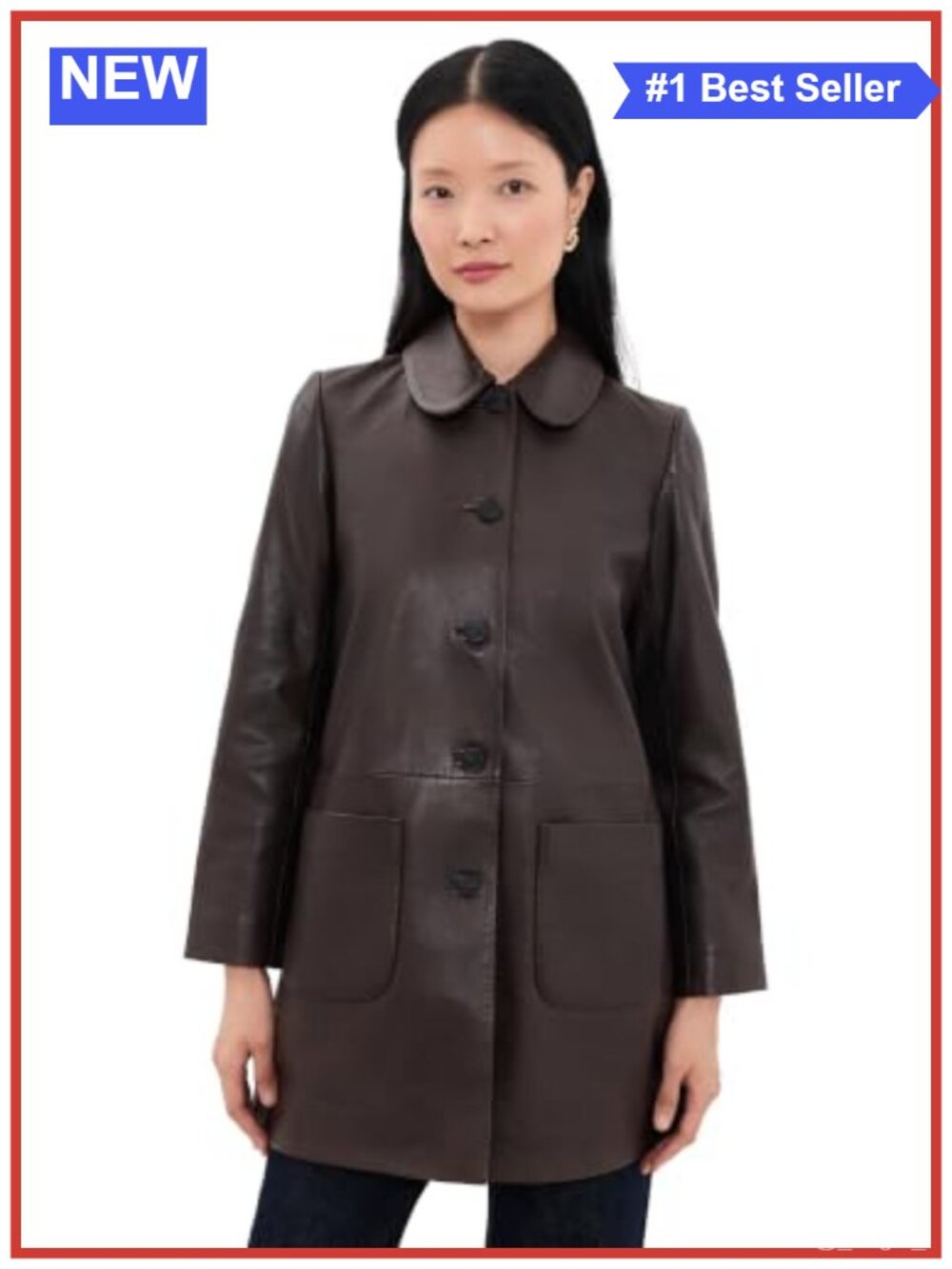 Madie Leather Coat Straight Cut Snap Button Gathered Back Pockets